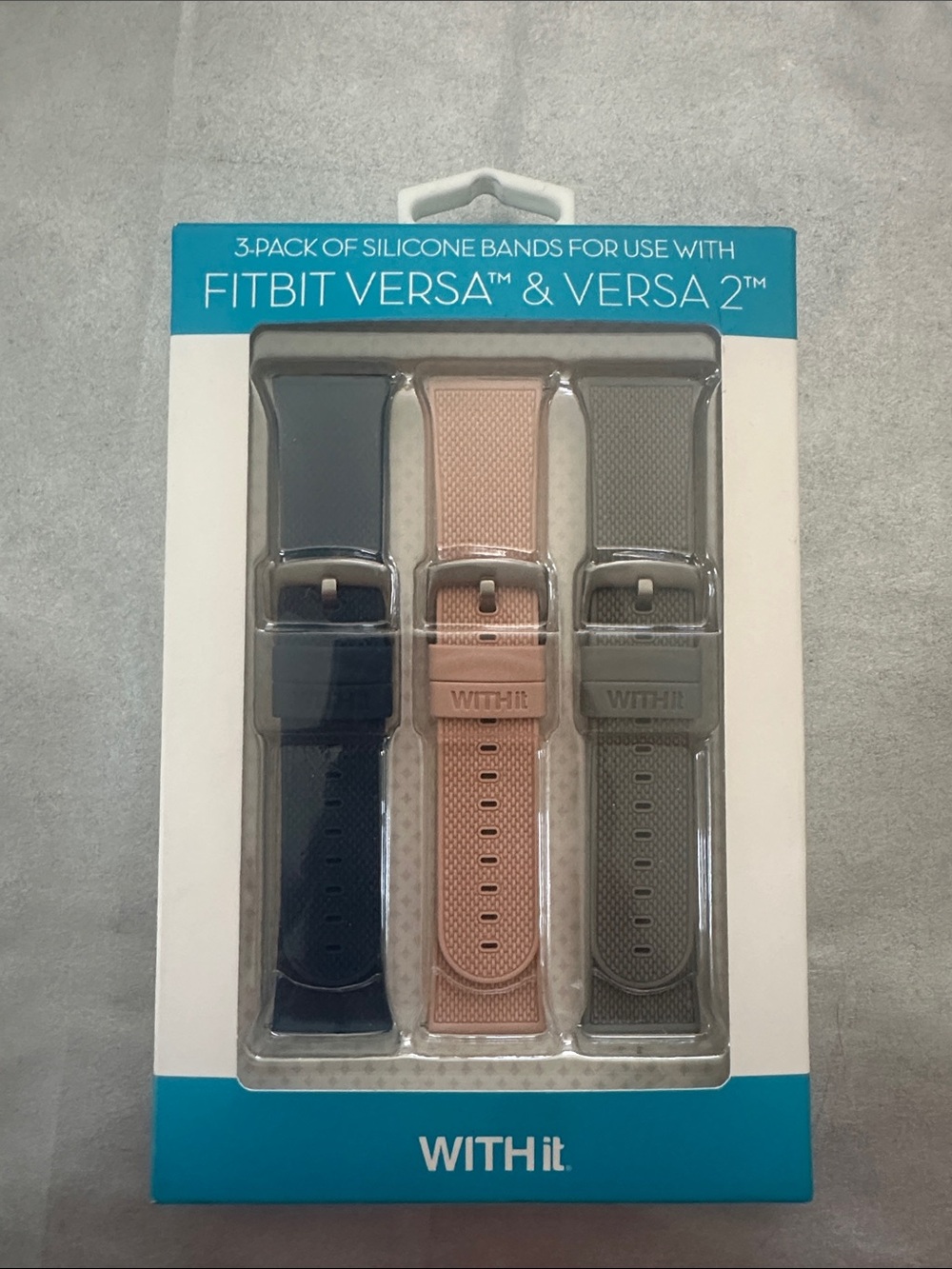 3-Pack Silicone Bands for Fitbit Versa & Versa 2 - Navy, Pink, Gray